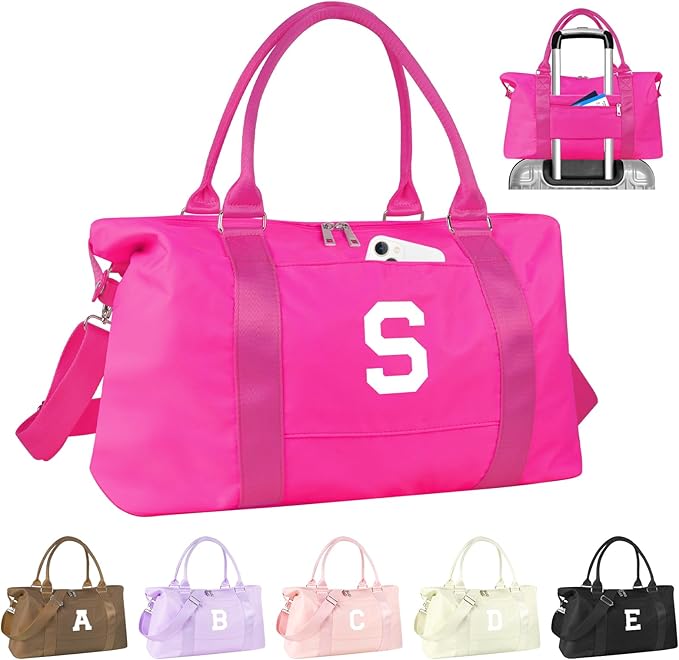 Overnight Bag for Kids Teen Girls Weekender Dance Bag Birthday Graduation Gifts,Initial Travel Duffel Bag Sports Gym Bag Personalized Weekender Bag Carry On Bags Preppy Gifts for Women(Hot Pink, S)