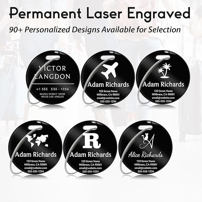 Customized Stainless Steel Luggage Tags: Personalize Your Suitcases, Backpacks, and Bags with Your Text (Black)