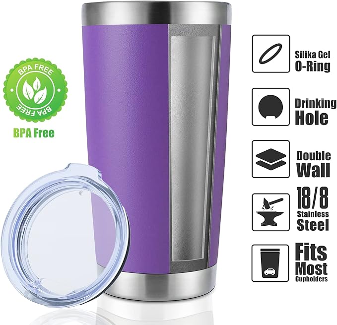 DOMICARE 20oz Stainless Steel Tumbler Bulk with Lid, Double Wall Vacuum Insulated Travel Mug, Powder Coated Coffee Cup (Powder Purple, 4)
