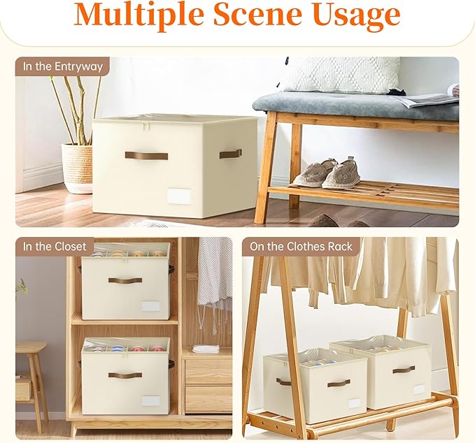 3 Pack Shoe Organizer for Closet, Foldable Shoe Storage Containers, Fits 24-48 Pairs, Shoe Storage Organizer Box Cubby Baskets Bins with Clear Cover and Reinforced Handles, Beige