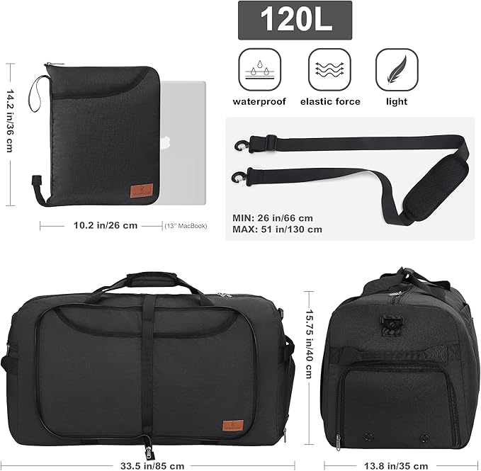 120L Duffle Bag for Travel, Large Foldable Waterproof Travel Duffel Bags Weekender Overnight Bag for Men and Women with Shoe Compartment (Black)