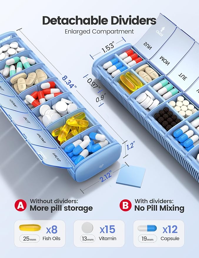 Vaydeer 7 Day Weekly Pill Organizer (Support 2 Times a Day), Metal Travel Pill Case, Large Capacity Daily Cute Pill Box for Supplements, Pills, Vitamins and Medication (Champagne), 8.3*2.1*1.2 Inch