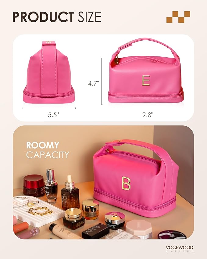 Monogrammed Gifts for Women, Personalized Makeup Bag with Handle, Initial Double Layer Cosmetic Bag with Makeup Brush Organizer, Cute Cosmetic Pouch for Women, Gifts for Friends Female