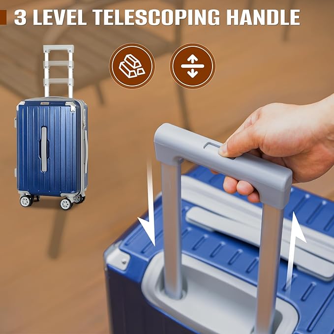 Romswi 3-Piece Carry-On Luggage Set with Cup Holder TSA Lock, 20" Hardside Spinner Suitcase with Duffel Bag, Lightweight Durable PC+ABS Navy Travel Luggage