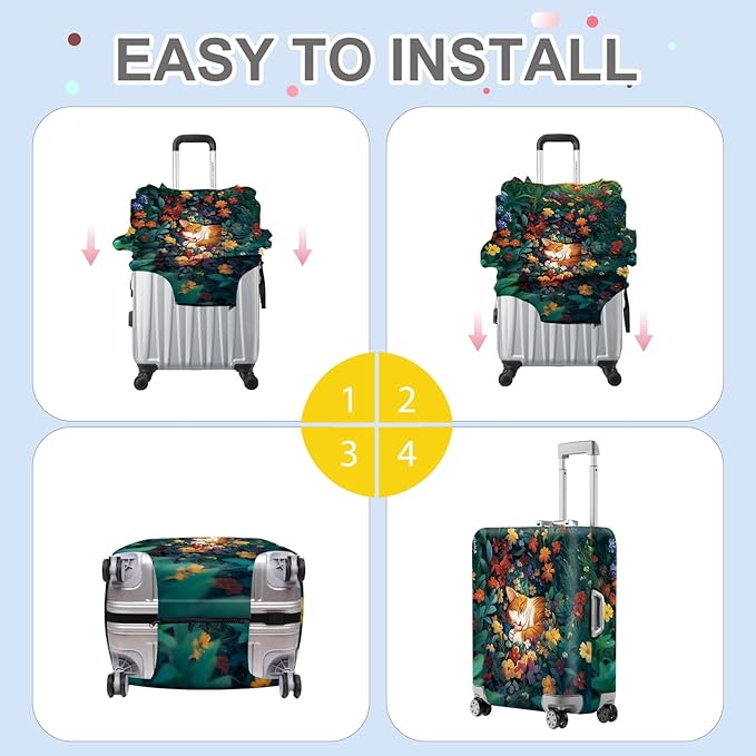 ANNA QUEEN Dreamy Cat Luggage Cover, Cat Sleeping in a Flower Field Design, Stretchable, Washable Travel Protector for 32-34 Inch Luggage
