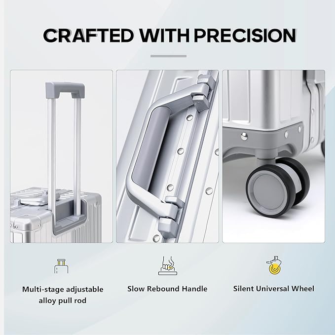 YYW Aluminum Carry-On Luggage Airline Approved Lightweight Suitcase with TSA Lock and Silent Wheels, Hardshell Spinner Business Travel (silver, 24in)