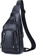BULLCAPTAIN Leather Sling Bag Mens Chest Bag Casual Shoulder Crossbody Bags Travel Hiking Backpacks Daypack with USB Charging Port (Black)
