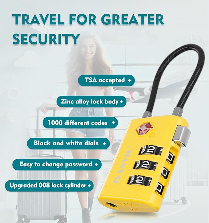 ANVIL TSA Approved Luggage Locks – High Security TSA008 Combination Travel Locks with Inspection Indicator for Suitcases and Backpacks. (4, Yellow)