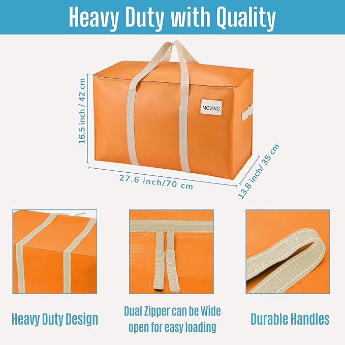 VENO 4 Pack Moving Bags, Heavy Duty, Moving Boxes Alternative, Packing Storage Supplies, Dorm Room Essentials with Zipper for Clothes, Extra Large Packaging Totes (Seasonal Autumn Orange, 4 Pack)