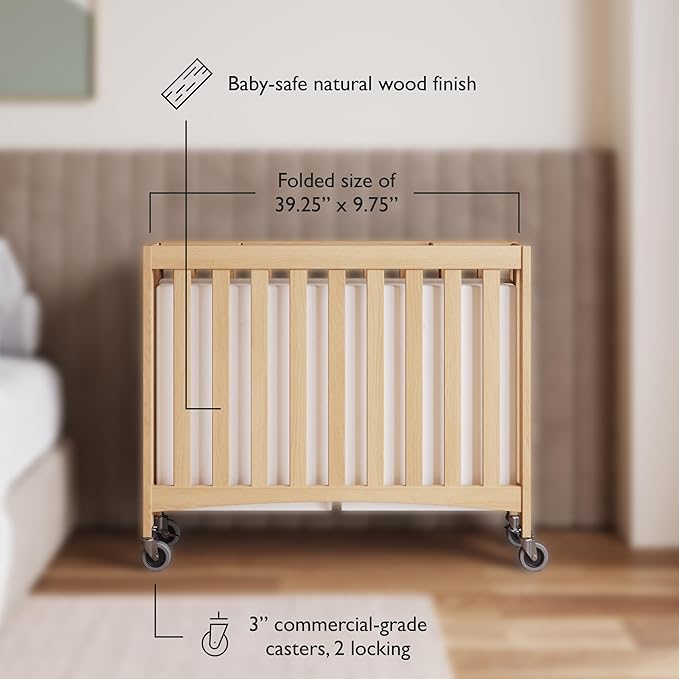 Foundations Compact Travel Sleeper Folding Hotel Crib and Sheet Bundle - Includes Natural Wooden Mini Crib with 2" Foam Mattress and 6-Pack White Fitted Compact Sheets