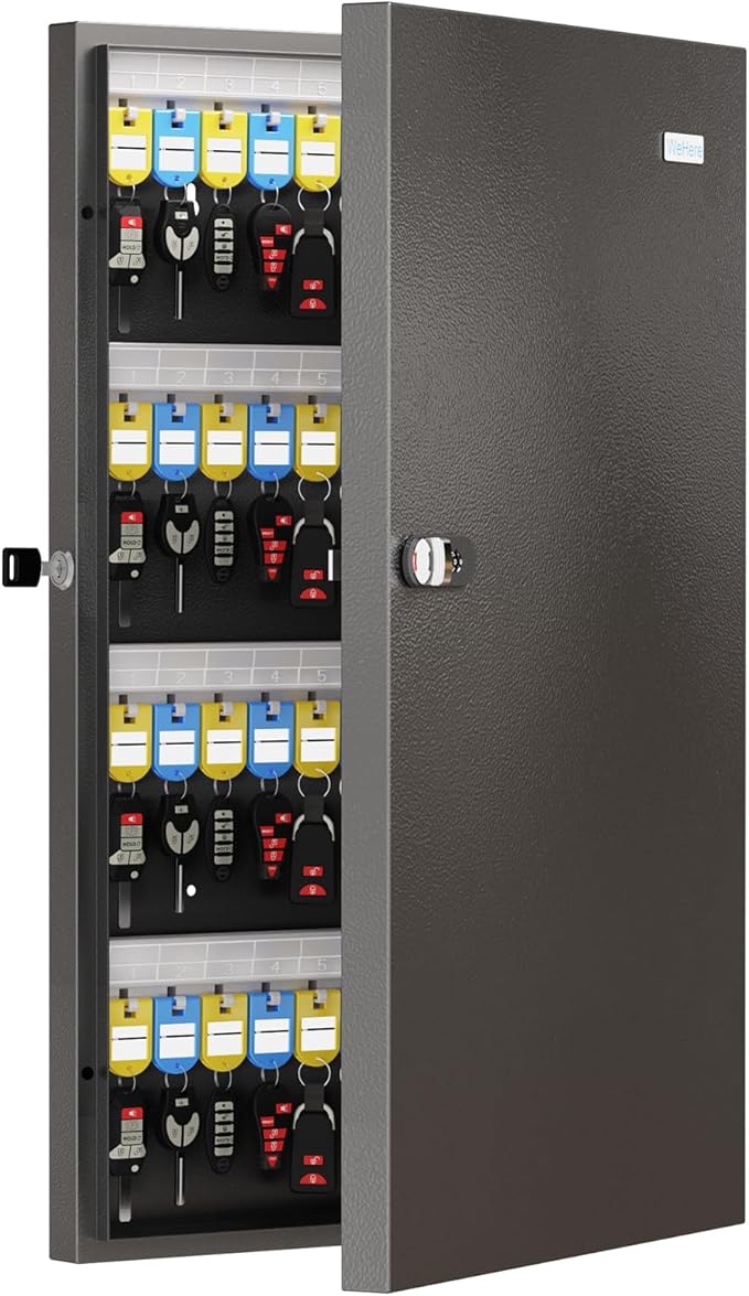 WeHere Key Lock Box Wall Mount(96 Keys), Key Cabinet Security Combination Lockbox with Key Tags, Digital Code Key Storage Lockbox,APP Key Management System for Valets, Hotels, House