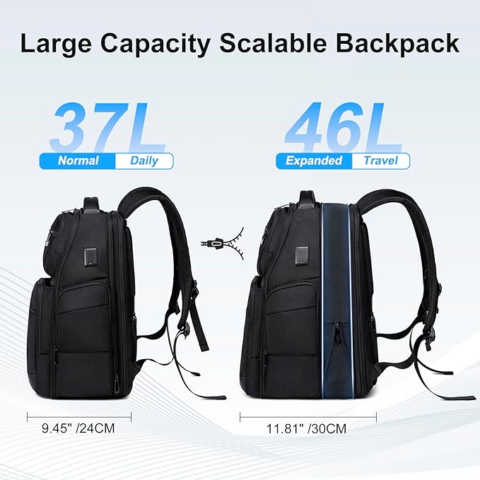 FENRUIEN Business Travel Backpack for Men,Large Capacity Laptop Backpack with USB Charging Port,Multifunctional Water Resistant Expandable Black Bag Fits 15.6 Inch computer