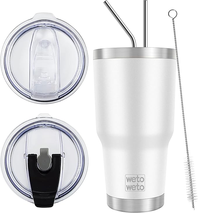 WETOWETO 30 oz Stainless Steel Tumbler, Insulated Coffee Tumbler Cup with 2 Lids and 2 Straws, Double Walled Travel Coffee Mug for Hot & Cold Drinks (White, 1 Pack)