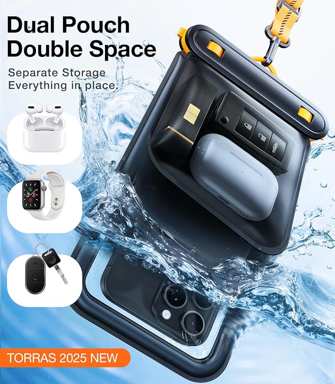TORRAS IP68 Waterproof Phone Pouch Double Space, Floating Waterproof Phone Case with Lanyard for iPhone 16 Pro Max 15 14 13 S25 S24, Phone Dry Bag Vacation Cruise Ship Travel Essentials 7.0'', Black