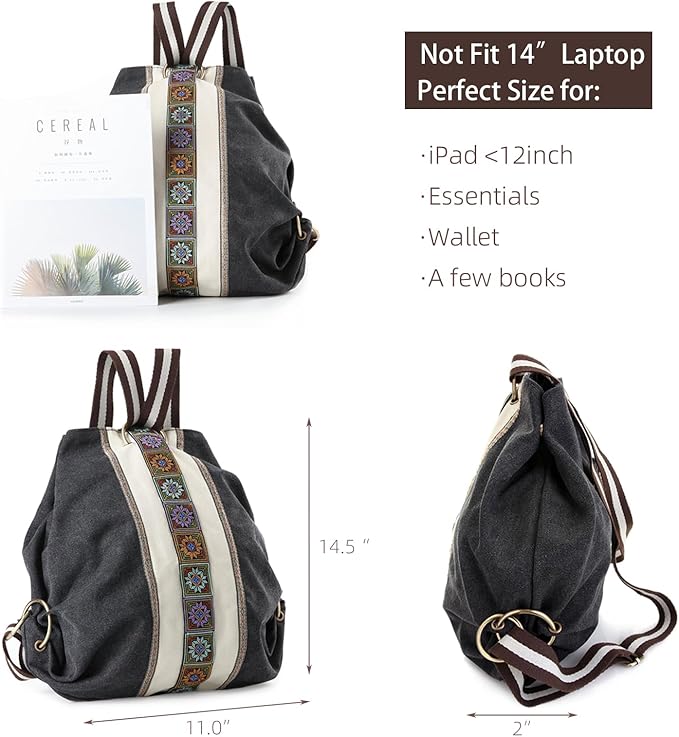Goodhan WomCanvas Backpack Daypack Casual Shoulder Bag, Vintage Heavy-duty Anti-theft Travel Backpack(Grey Black)