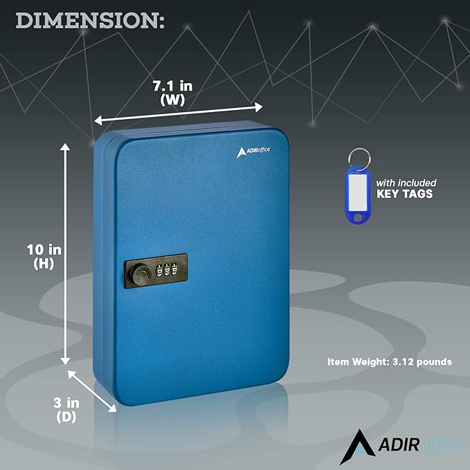 AdirOffice Key Lock Box - 48 Hook Wall Mounted Key Cabinet Holder, Lockable Storage - Metal Organizer for Home and Office