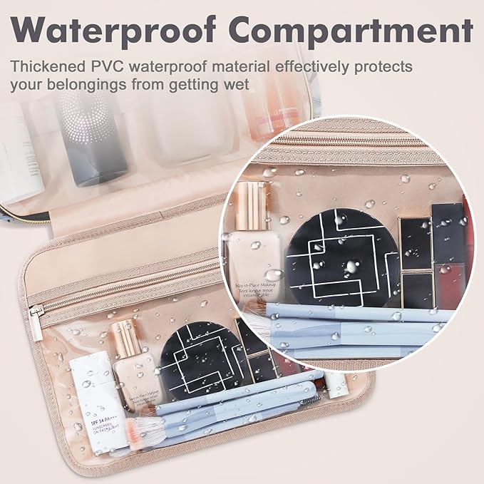 Wedama Toiletry Bag for Women, Large Cosmetic Travel Bag, Hanging Toiletry Bag for Bathroom, PVC Waterproof Makeup Bag, Toiletries Bag for Travel Business Trips and Camping, Black+Brown Floral