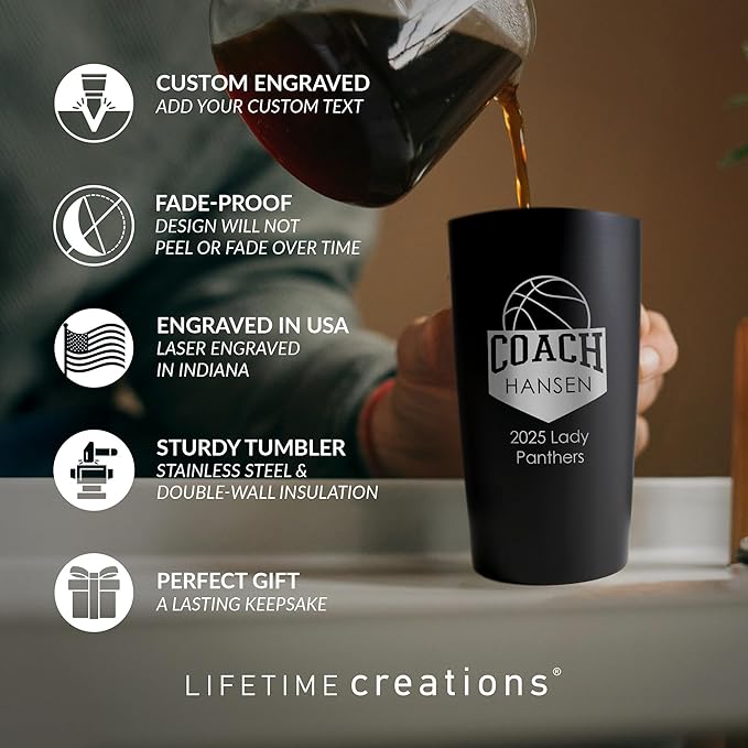 Lifetime Creations Personalized Basketball Coach Tumbler: Custom Basketball Coach Gift, Coaches Coffee Travel Mug from Team, Insulated Engraved Stainless Steel 20 Ounce Cup (Matte Black)