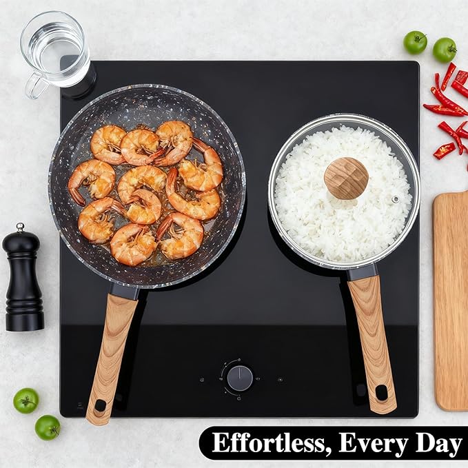 Nonstick Cookware Set, 2-Piece Non-Toxic Coated 10.25 Inch Frying Pan & Saucepan with Lid, PFOA Free Dishwasher Safe, Induction Compatible, Beginner Kitchen Pots and Pans Set, Black