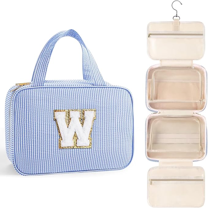 TOPEAST Hanging Toiletry Bag for Women - Travel Toiletry Bag Makeup Bag, Portable Toiletries Cosmetic Bag, Airplane Travel Essentials - Letter W, Blue