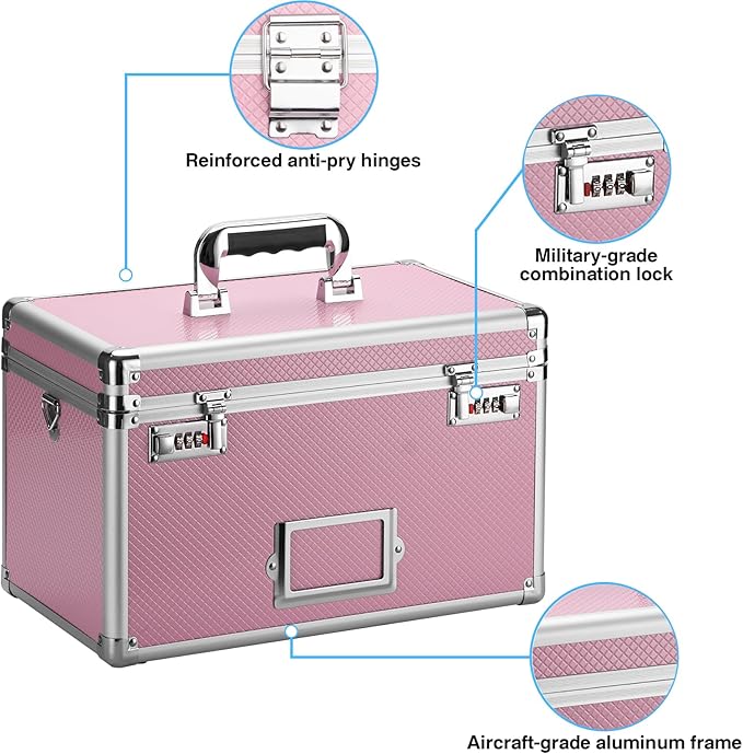 11 x 7 x 8.3 Inch Lockable Storage Box with Combination Lock, Portable Safe for Documents, Medicine, Cash & Valuables, Medicine Lock Box with Label Slot for Home, Office & Travel - Pink