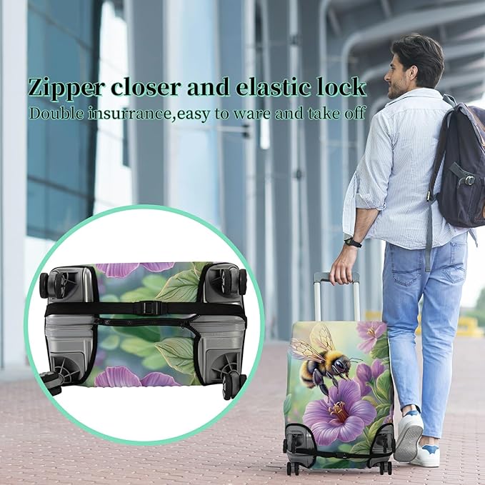 Luggage Cover + Tag, Bee Purple Flowers Travel Suitcase Cover for 18-20 inch Luggage (S) with Concealed Zipper, Washable Elastic Cloth, Dustproof, Anti-Scratch