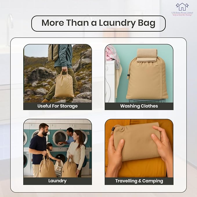 LFH Home Cotton Canvas Large Laundry Bag with Handle, Heavy Duty Drawstring Closure Washable Laundry Bags, School Travel, Home, Hotel, College Dorm, Organizer Sack, Toys Clothes 28x40-Beige