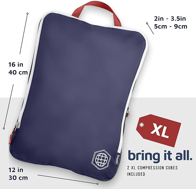 Large Compression Packing Cubes 6 Piece Set for Travel with Lightweight Laundry Bag for Carry-On Suitcase by TRIPPED Travel Gear (Navy)