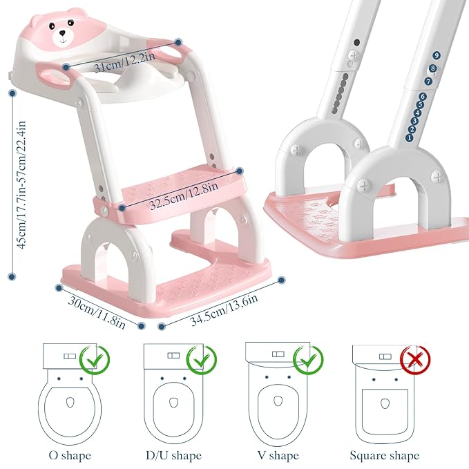 Potty Training Seat for Toddlers, Adjustable Height 2-in-1 Potty Training Toilet Ladder for Kids Boys Girls with Splash Guard, Waterproof Cushion, Anti-Slip Pad Step Stoo - Pink
