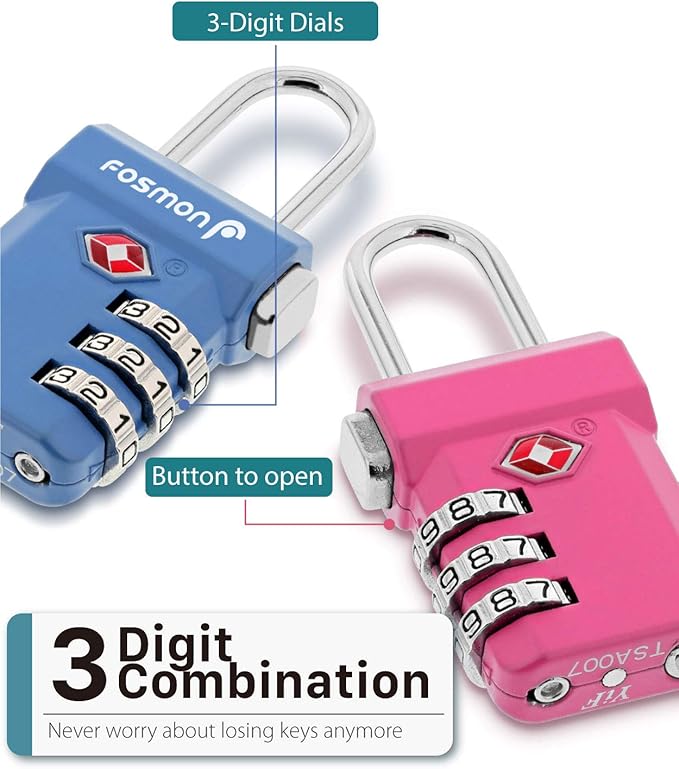 Fosmon TSA Approved Pink Locks for Luggage, Cute Suitcase Lock with Push Release Button for Extra Security, 3 Digit Combination Padlock for Travel, Backpack Zipper Anti Theft, Gym Locker, Women