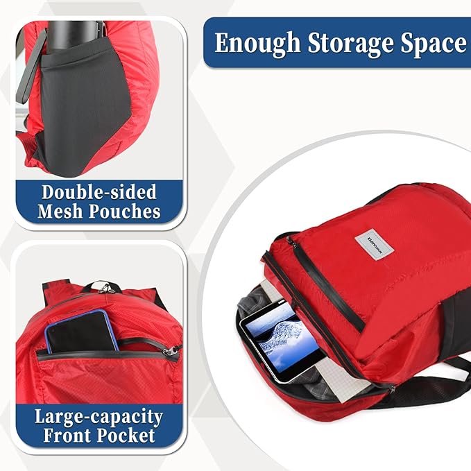 Hiking Daypack - Lightweight & Water-Resistant Portable Backpack for Travel, Camping, Outdoor Adventures(20L, red)
