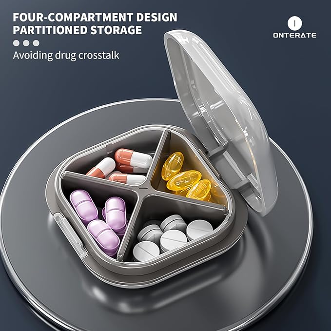 Small Pill Case, Travel Pill Box, Portable Pill Organizer, Pill Container for Pocket 4 Compartments, Daily Compact Travel Medicine Holder for Vitamins Medication (Light Grey)