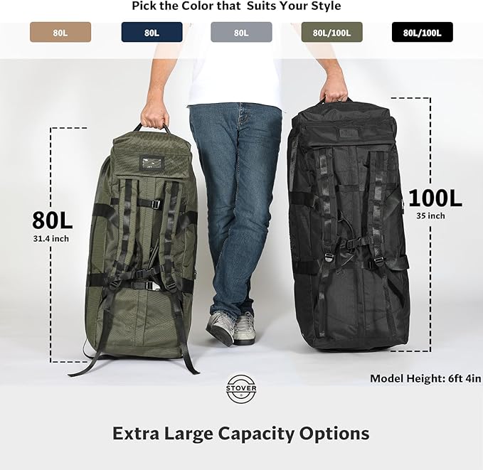 STOVER 80L Rolling Duffel Bag with Wheels, Extra Large 31 Inch Durable Travel Duffle Bag- Rugged, Collapsible, Rollable Design w/Shoulder Straps- Use as Luggage or Backpack for Men/Women (Grey)