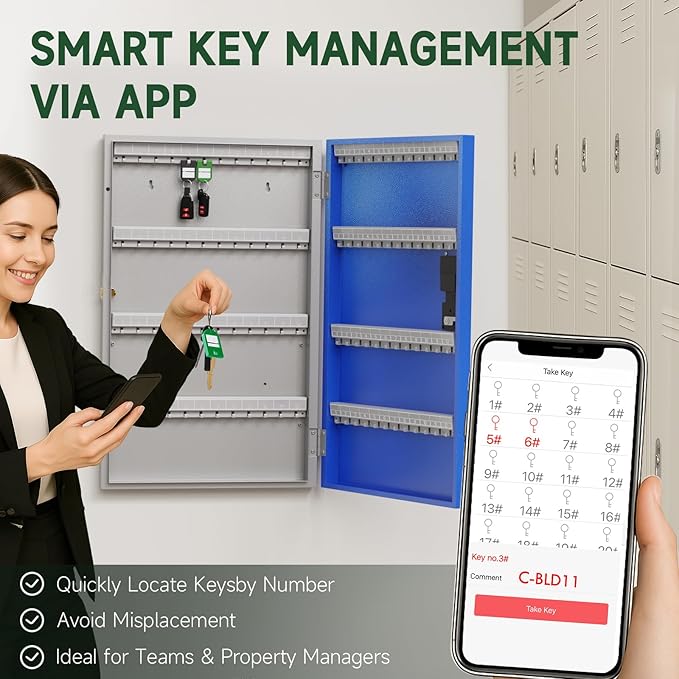 WeHere 96 Key Lock Box(Plus) Wall Mount, APP Bluetooth/OTP/Wi-Fi Remote/Fixed Code/Key Unlock, Smart Key Cabinet Organizer Holder Box, Key Management Directory for Apartment, Hotel, Office,House