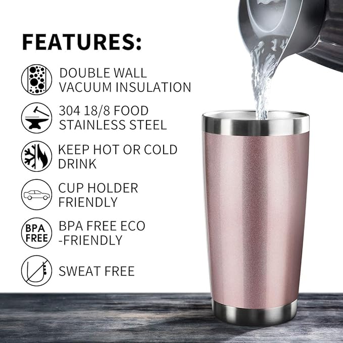 20oz Tumbler Bulk Stainless Steel Vacuum Insulated Tumblers with Lid Double Wall Travel Mug Powder Coated Coffee Cup, Suitable for Ice Drinks and Hot Beverage (Rose gold 12pack)