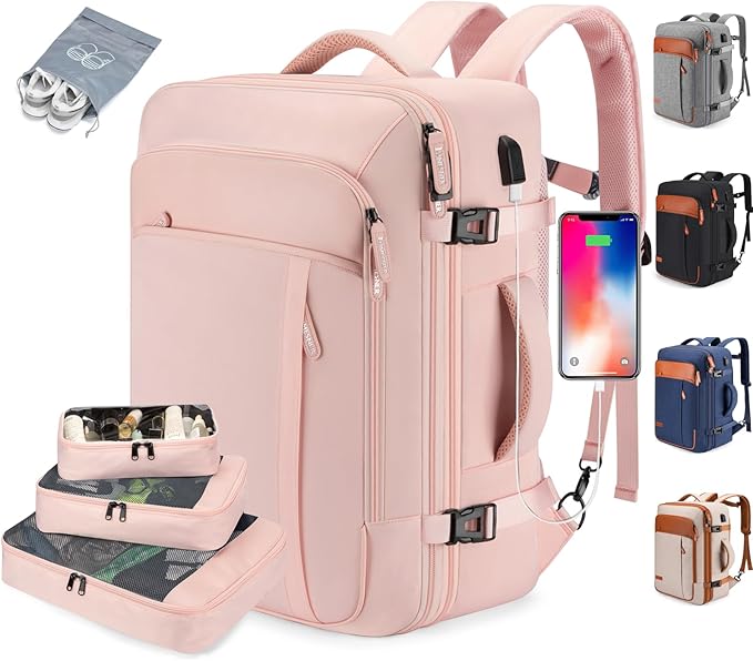Travel Laptop Backpack,42L Carry on Luggage, Flight Approved Expandable Backpack,Business Anti Theft Weekender Bags for Women Men, Water Resistant Expandable Backpacks With 4 Packing Cubes