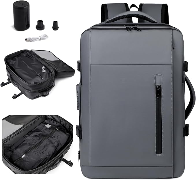 Vacuum-sealed travel computer backpack, Water-Resistant, With vacuum pump, Multiple Compartments, Anti-theft combination lock (Black)