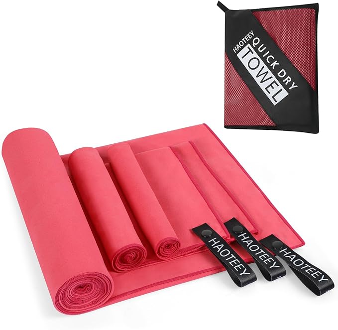 Quick Dry Travel Towel, 3 Sizes 1 Pack Camping Microfiber Towel, Lightweight Fast Drying Towels Set 60"x30", 30"x15", 15"x15" w/Bag for Gym, Beach, Hiking, Swimming, Red