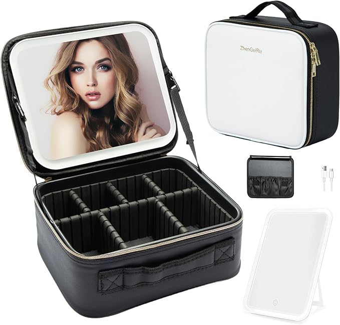 Travel Makeup Bag with LED Mirror – Waterproof Cosmetic Train Case with Adjustable Dividers, Portable Makeup Organizer and Toiletry Bag for Women, Teens & Girls Gift, White