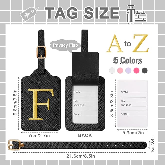 Personalized Initial Luggage Tags for Suitcase TSA Approved, Black Leather Cute Luggage Tag with Privacy Cover Name Card, Embroidered Custom Luggage Tags Travel Backpack Tags Gifts for Women Kids(F)