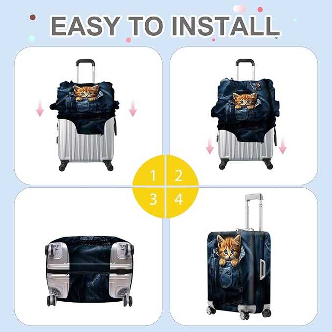 ANNA QUEEN Cute Kitten in Pocket Luggage Cover, Funny Cat Suitcase Protector with Denim Print, Stretchable & Washable Spandex Travel Cover for 20-22 Inch Luggage
