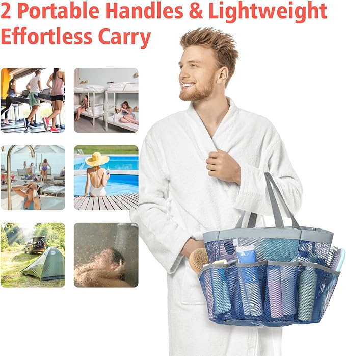 F-color Mesh Shower Caddy Portable - 2 Handles Upgrade Deeper 7 Pockets Basket Bag Tote for College Dorm Room Toiletry Bathroom Essentials Gym Camp Quick Dry with S Hook, 2 Pack, Black & Blue