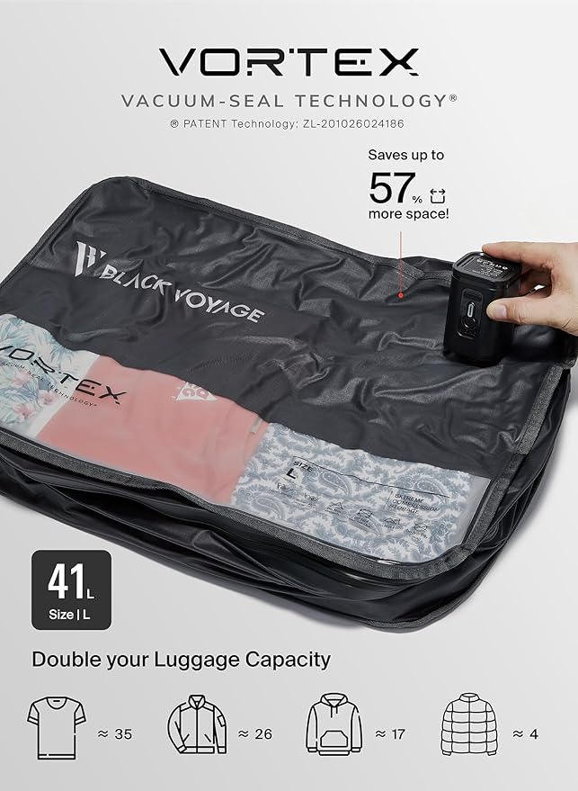 Black Voyage Reusable Vacuum Compression Travel Bag for Carry-On Suitcase and Backpack, Recycled IP67 Waterproof Space Saver Vacpack (2-Pack, 18L - Pump Included)