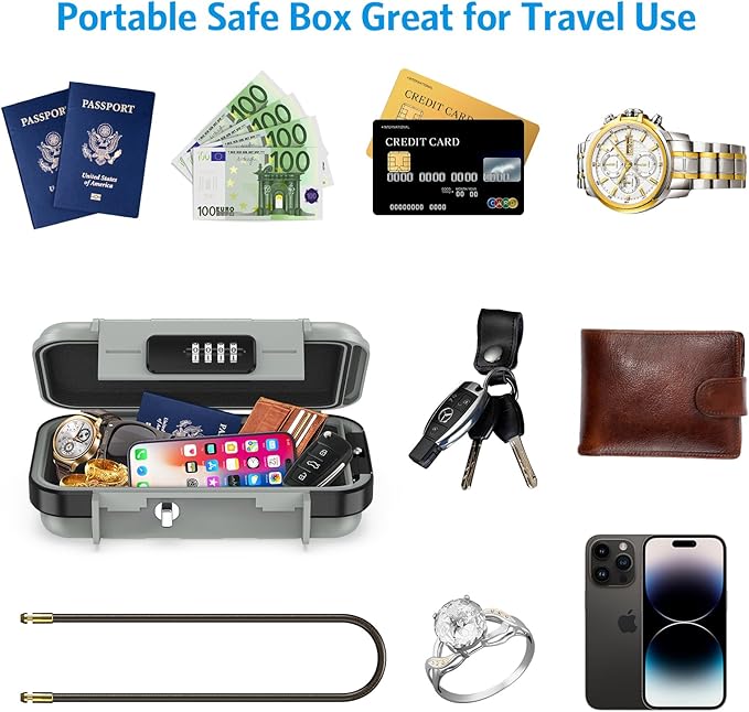 AMIR Portable Safe Box, Combination Security Case LockBox with Code, Waterproof Anti-Theft Mini Travel Safe Box with Removable Chain, Security Box for Home,Office, Grey
