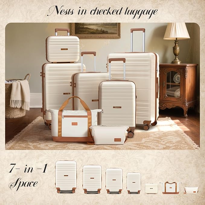 Luggage Sets with spinner wheels, PC+ABS Hard Shell Travel Luggage,Lightweight Carry-on suitcases with TSA Lock,YKK Zippers (Light Blue, 7 piece sets（14/18/20/24/28/DB/TB）)