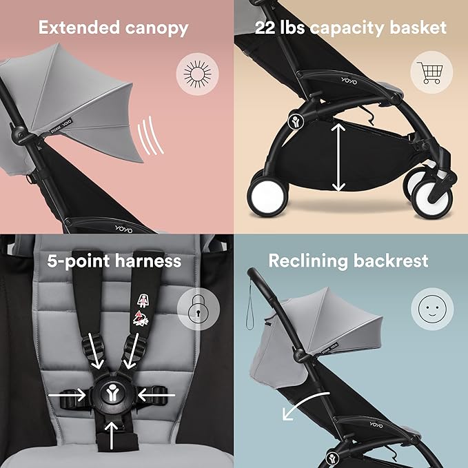 Stokke YOYO3 Stroller from 6 Months - Includes Black Frame/Stone Seat Cushion + Canopy - Folds in & Out in a Flash - Light & Compact - Carry-On Compatible