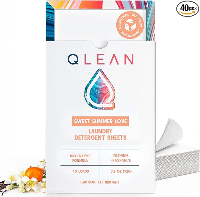 QLEAN Laundry Detergent Sheets (Travel Size 40 Loads) – Travel Laundry Detergent Sheets, Eco-Friendly Laundry Soap, HE & Standard Washer Safe, Stain Remover, Skin-Friendly - Sweet Summer Love