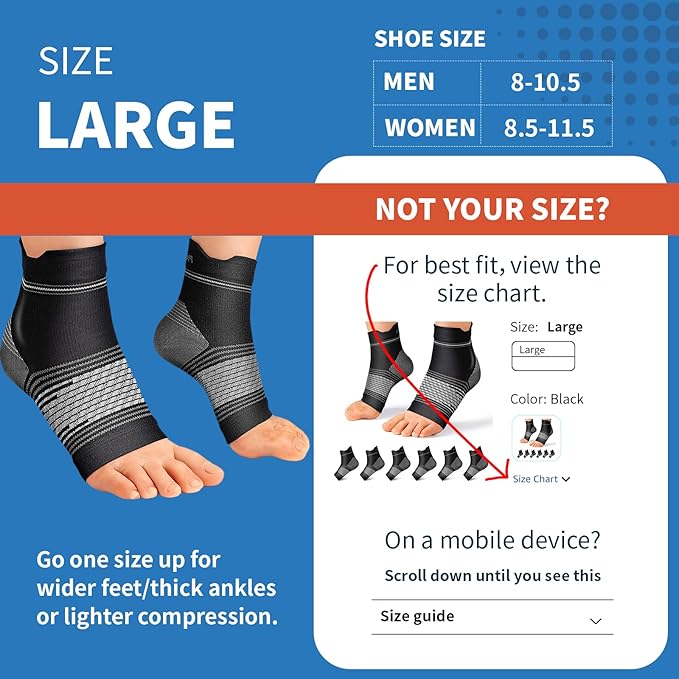 Plantar Fasciitis Sock (6 Pairs) for Men and Women, Compression Foot Sleeves with Arch and Ankle Support (Black, Large)