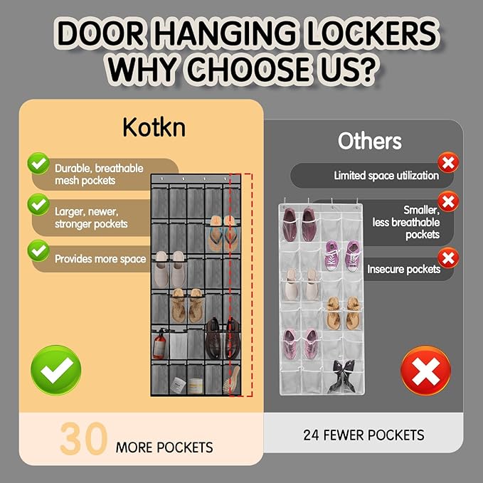 Over the Door Shoe Organizer with 30 Breathable Mesh Pockets - Large Capacity Closet Storage for Men & Women, Hanging Shoe Rack Organizer -Gray