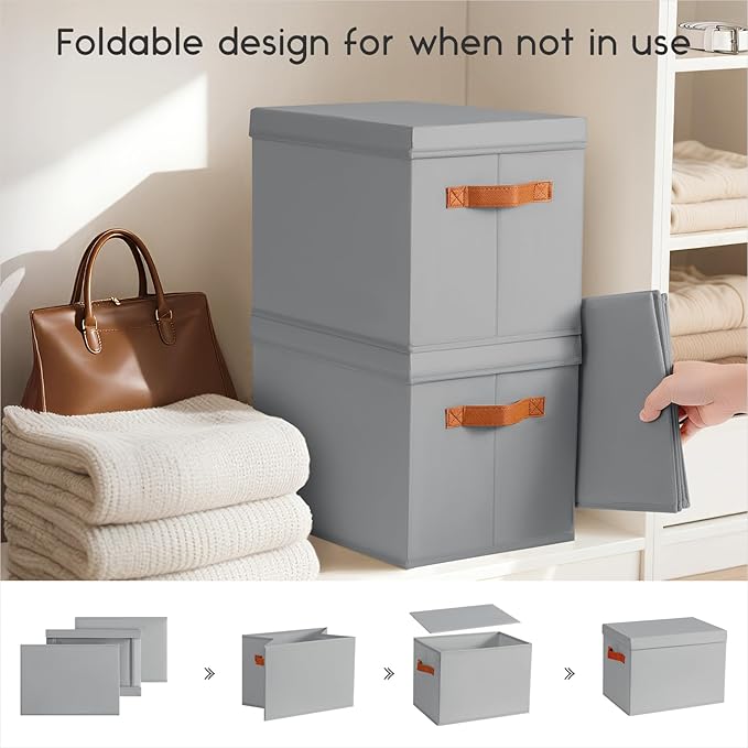 Storage Bins with Lids - Large Fabric Closet Bins with Lid, 8 Pack Clothes Organizers and Storage, Collapsible Stackable Cube Basket for Home, Office, Dorm, Grey